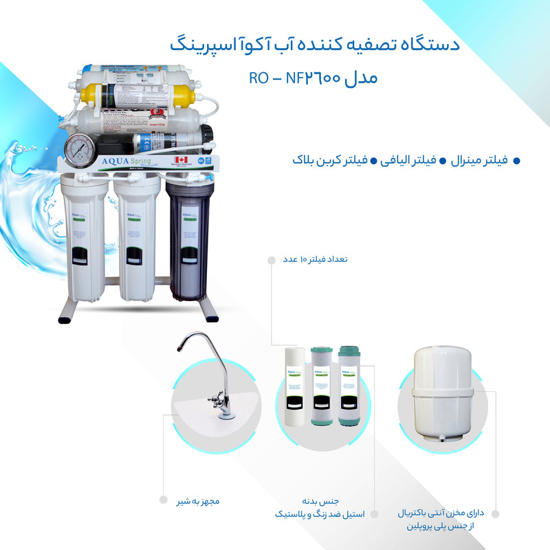 محصول نمونه تستی دستگاه تصفیه کننده آب آکوآ اسپرینگ مدل RO - NF2600 به همراه فیلتر تصفیه آب کد 01 مجموعه 3 عددی